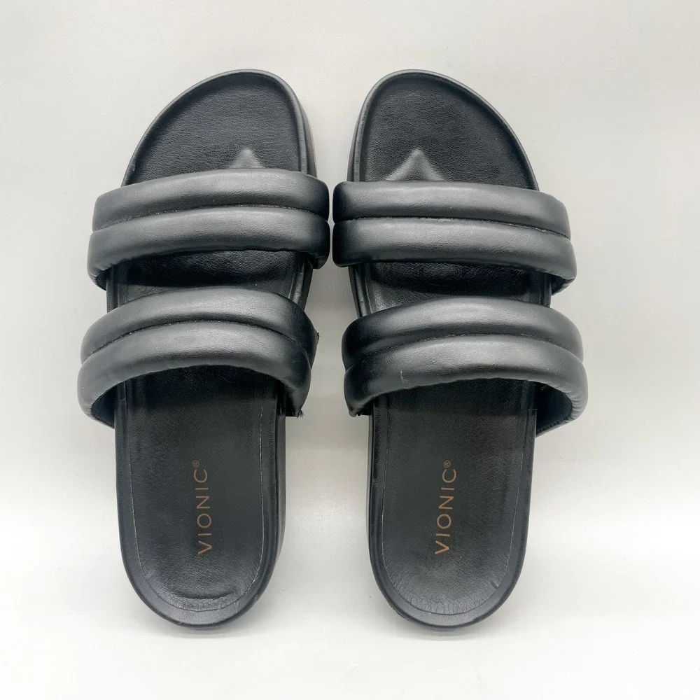 Vionic Womens 10 Mayla Slide Sandals Black Padded Leather Two Strap Orthotic